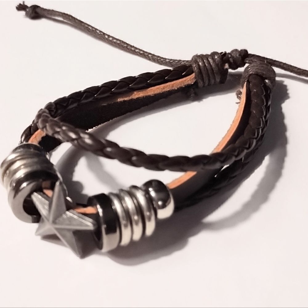 Leather bracelet men's layered brown new d64